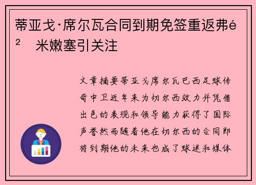 蒂亚戈·席尔瓦合同到期免签重返弗鲁米嫩塞引关注