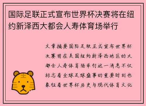 国际足联正式宣布世界杯决赛将在纽约新泽西大都会人寿体育场举行